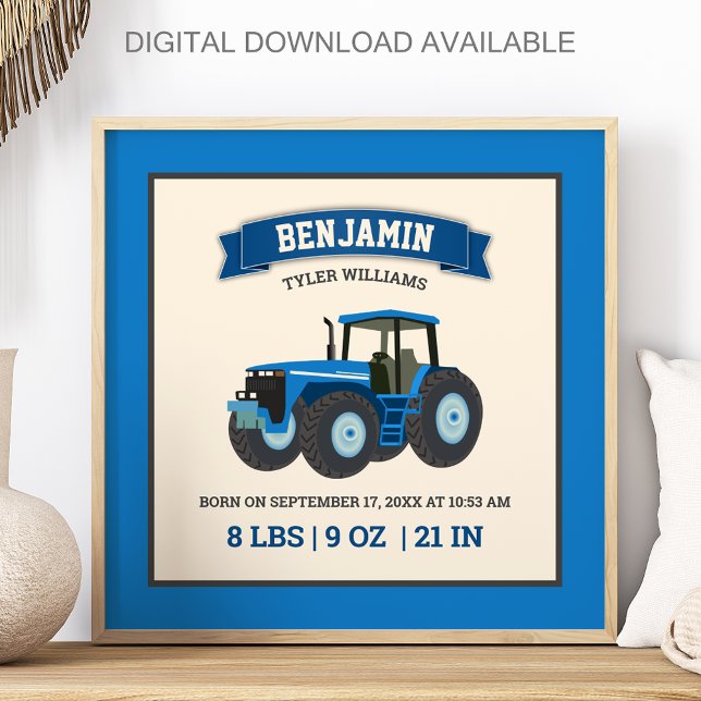 Blue Farm Tractor Baby Birth Stats Poster (Creator Uploaded)