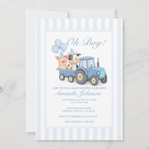Blue Farm Tractor Baby Shower Invitation