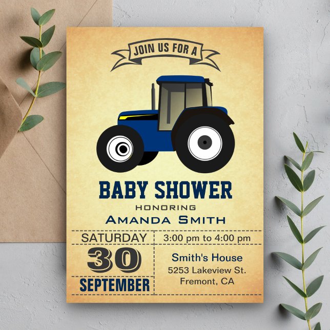 Blue Farm Tractor Baby Shower Invitation (Creator Uploaded)