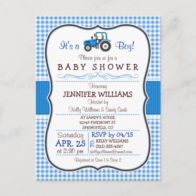 Blue Farm Tractor Boy Baby Shower Invitation (Front)