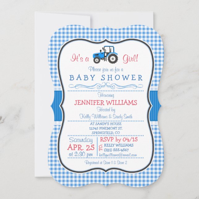 Blue Farm Tractor, Country Girl Baby Shower Invitation (Front)