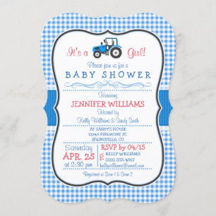 Blue Farm Tractor, Country Girl Baby Shower Invitation