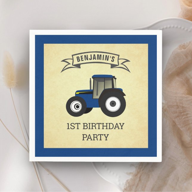 Blue Farm Tractor Kids Birthday Party Napkin (Creator Uploaded)