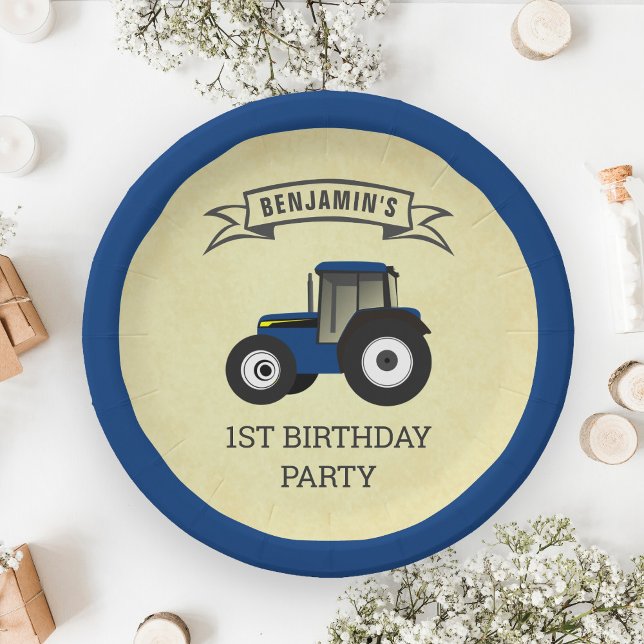 Blue Farm Tractor Kids Birthday Party Paper Plate (Creator Uploaded)