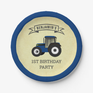Blue Farm Tractor Kids Birthday Party Paper Plate