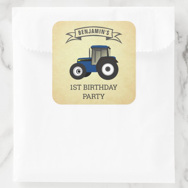 Blue Farm Tractor Kids Birthday Party Square Sticker (Bag)