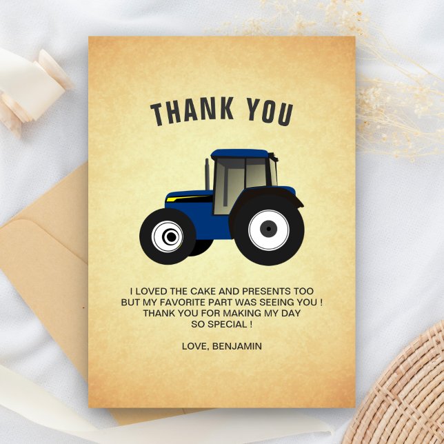 Blue Farm Tractor Kids Birthday Party Thank You Card (Creator Uploaded)
