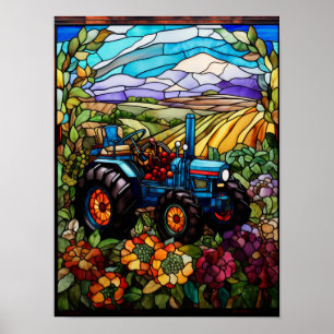 Blue Farm Tractor Stained Glass Window Poster