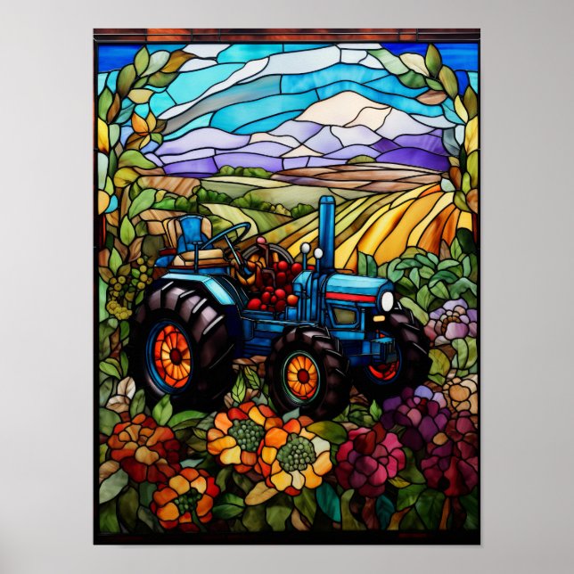 Blue Farm Tractor Stained Glass Window  Poster (Front)