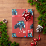 Blue Farm Tractors on Red Christmas Wrapping Paper<br><div class="desc">Blue tractors on red make a cheery holiday design. Personalise the text or leave off all together.</div>