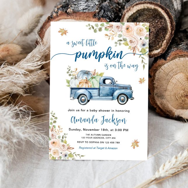 Blue Farm Truck Little Pumpkins Baby Shower Invitation (Creator Uploaded)