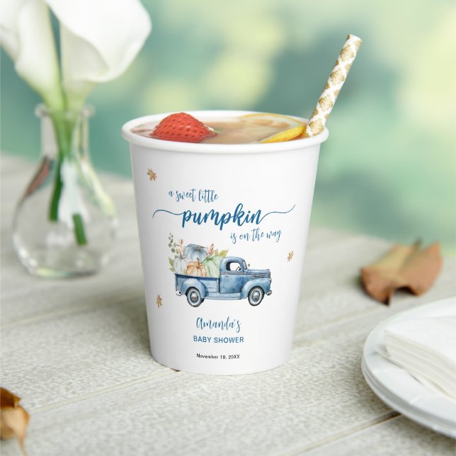 Blue Farm Truck Little Pumpkins Baby Shower Paper Cups (Insitu)