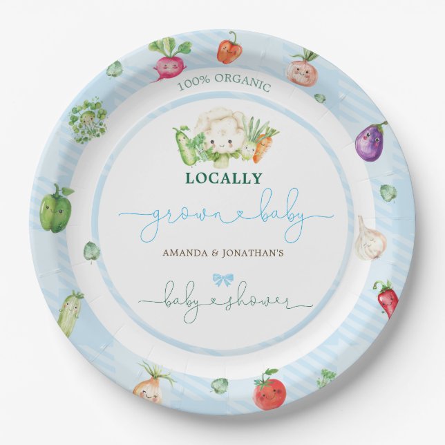 Blue Farm Vegetables Boy Baby Shower Paper Plate (Front)