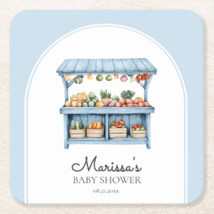 Blue Farmers Market Baby Shower Square Paper Coaster
