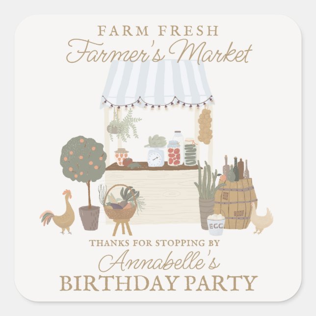 Blue Farmers Market Farm Fresh Birthday Favour Square Sticker (Front)