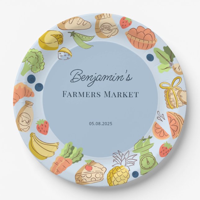 Blue Farmers Market Farm Fresh Birthday Paper Plate (Front)