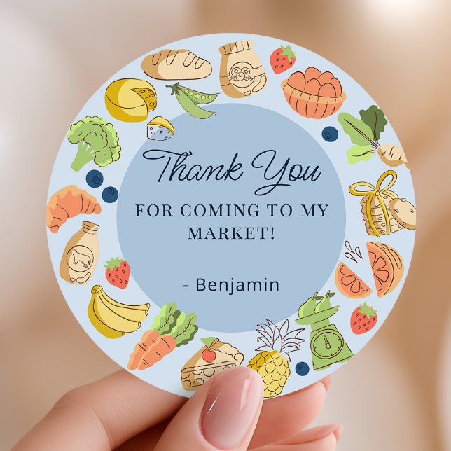 Blue Farmers Market Party Favor Thank You Classic Round Sticker (Creator Uploaded)