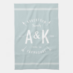 Blue Farmhouse Arrow Monogram   Editable Colours Tea Towel