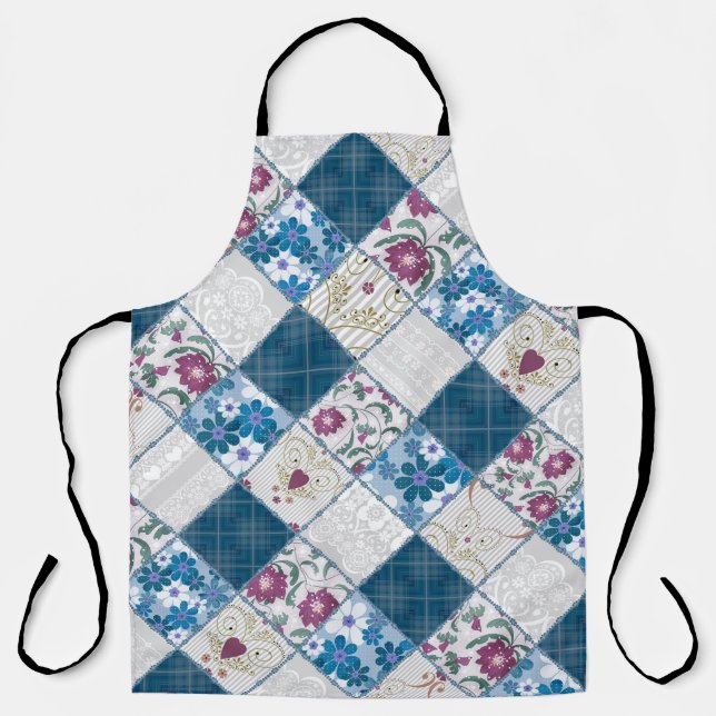 Blue fashionable rustic pattern of fabric scraps apron (Front)
