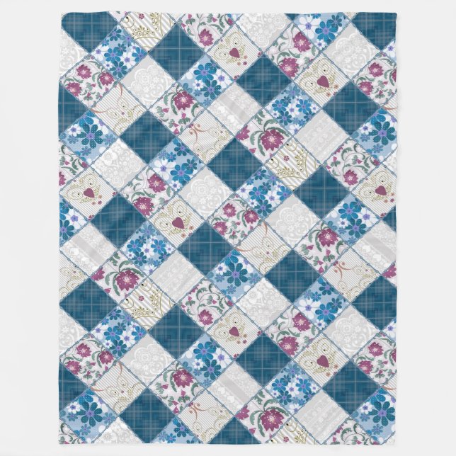 Blue fashionable rustic pattern of fabric scraps fleece blanket (Front)