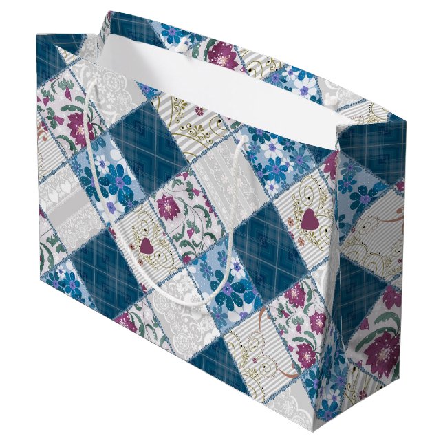 Blue fashionable rustic pattern of fabric scraps large gift bag (Back Angled)