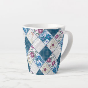 Blue fashionable rustic pattern of fabric scraps latte mug