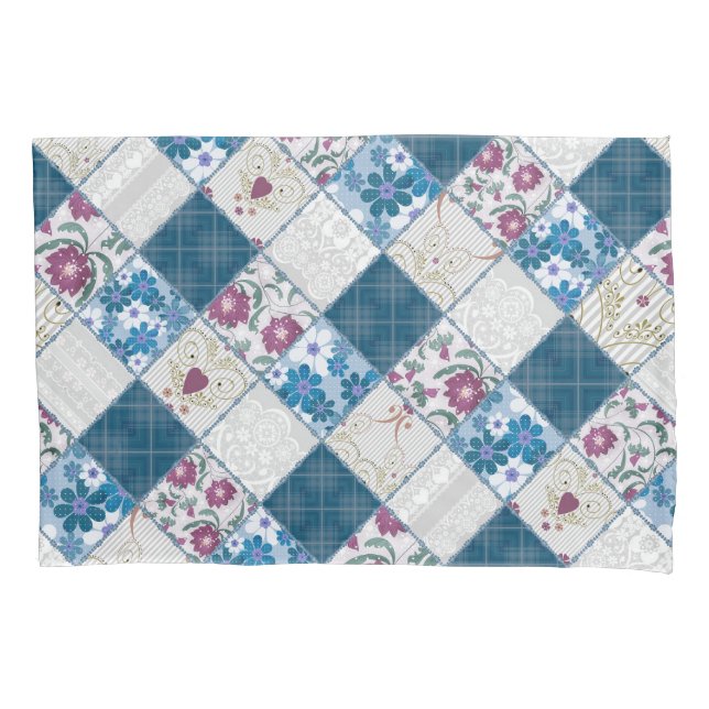 Blue fashionable rustic pattern of fabric scraps pillowcase (Front)