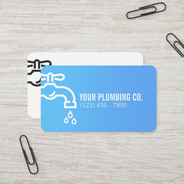 Blue Faucet Plumber Business Cards (Front/Back In Situ)
