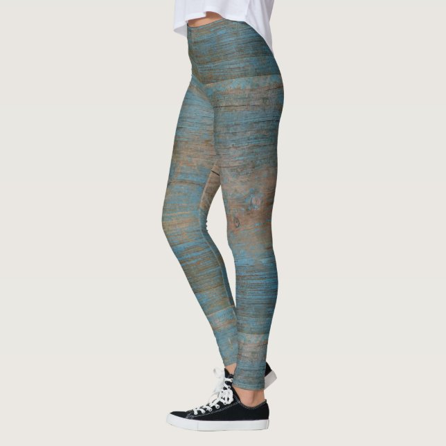 Blue Faux Beach Wood Texture Leggings (Left)