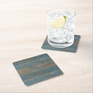 Blue Faux Beach Wood Texture Square Paper Coaster