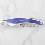 Blue Faux Brushed Metal Personalised Script Corkscrew<br><div class="desc">This distinctive personalised corkscrew features a modern blue brushed metal background. Customise it with a name in white cursive handwriting-style script.</div>