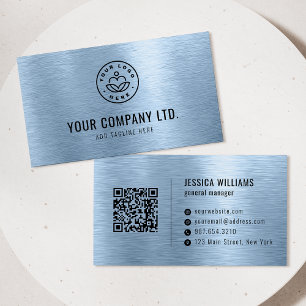Blue Faux Brushed Metal Professional QR Code Business Card
