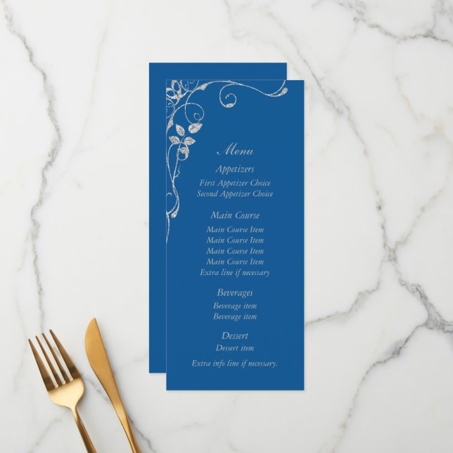 Blue Faux Diamond Heart Swirl Wedding Menu (Front/Back In Situ)