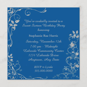 Blue Faux Diamond Swirl Sweet 16 Birthday Party Invitation