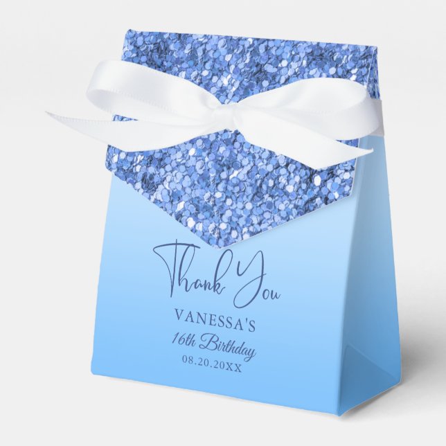 Blue Faux Glitter 16th Birthday Thank You Favour Box (Front Side)