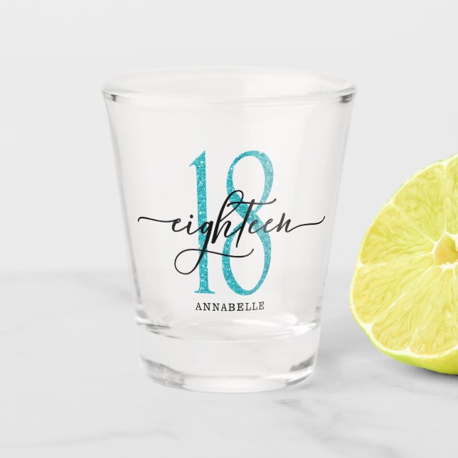 Blue Faux Glitter 18th Birthday Shot Glass (Front)