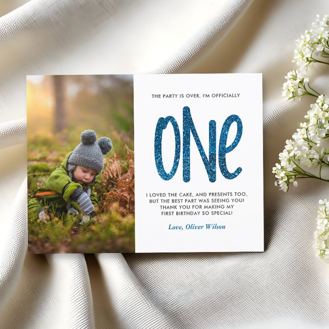 Blue Faux Glitter 1st Birthday Thank You Postcard (Creator Uploaded)
