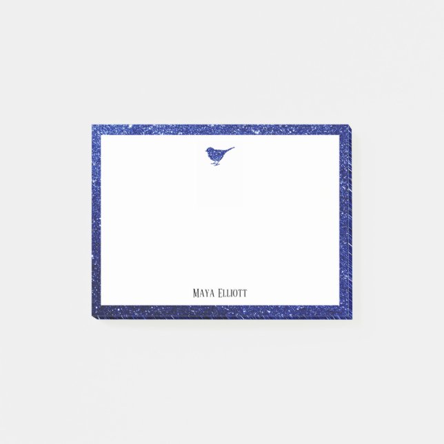 Blue Faux Glitter Bird and Border w/ White Post-it Notes (Front)