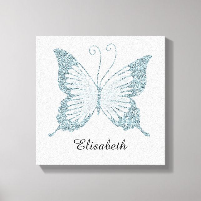Blue Faux Glitter Butterfly Personalised Canvas Print (Front)