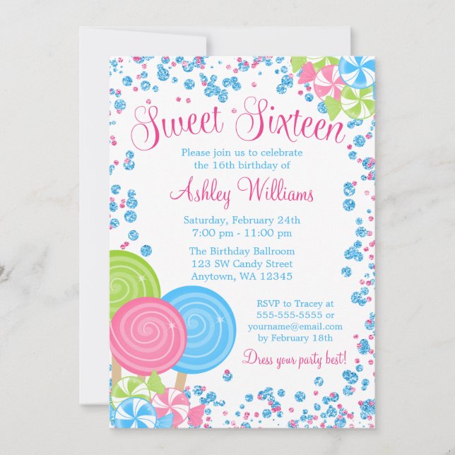 Blue Faux Glitter Candy Theme Sweet 16 Invitation (Front)