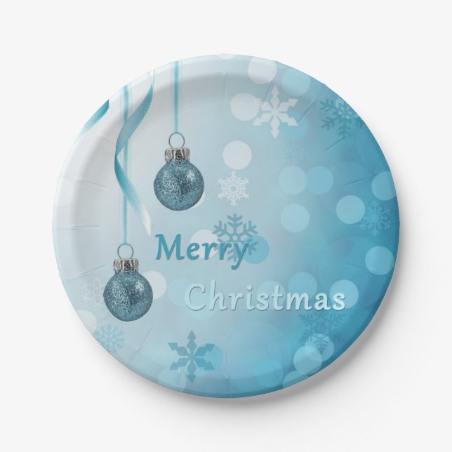 Blue Faux Glitter Christmas Ornaments Paper Plate (Front)