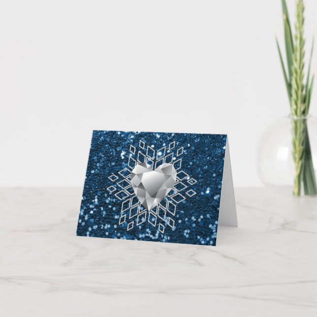 Blue Faux Glitter Diamond Heart Snowflake Holiday Card (Front)