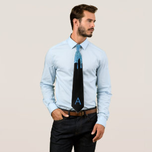 Blue Faux Glitter Drip Black Monogram Neck Tie 