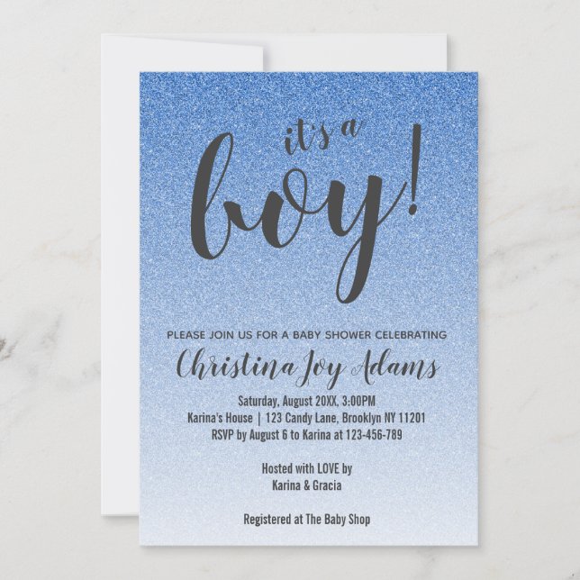 Blue Faux Glitter Gold Ombre Boy Baby Shower Card (Front)
