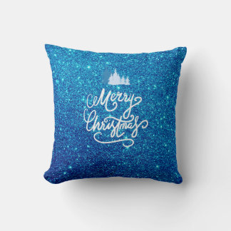 Blue Faux Glitter Heart Photo Family Christmas Cushion