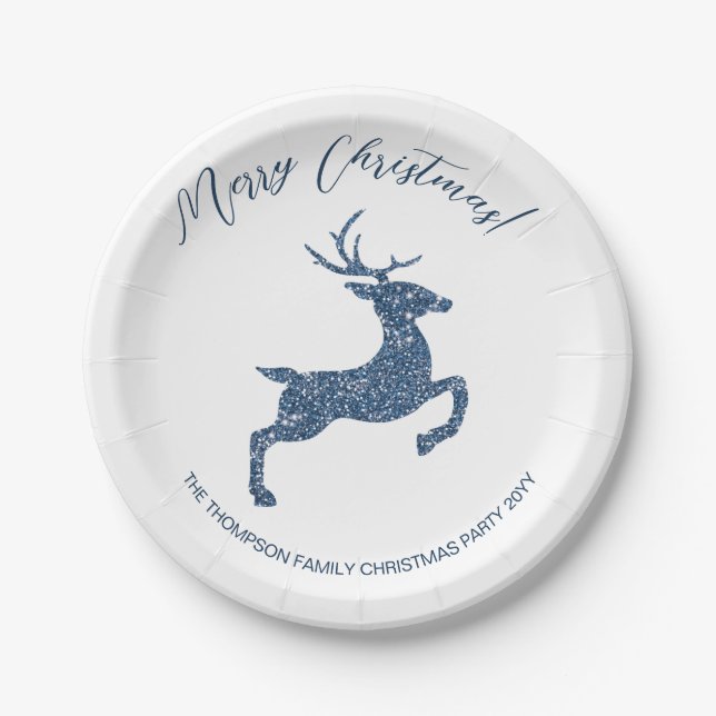 Blue Faux Glitter Look Jumping Deer With Text Paper Plate (Front)