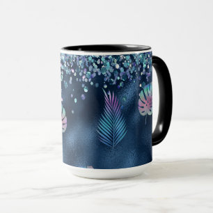 Blue Faux Glitter & Matching Leaves Mug