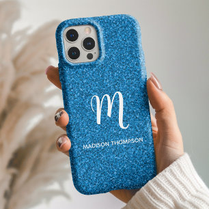 Blue Faux Glitter Personalised Monogram Name iPhone 16 Case