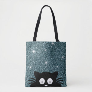 Blue Faux Glitter Shimmer Texture With A cat Tote Bag