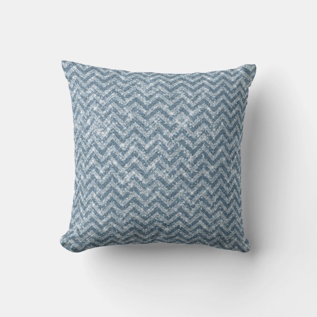 Blue Faux Glitter Sparkle Chevron Cushion (Front)